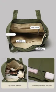 Détails du sac fourre-tout vert olive montrant l'intérieur organisé et la grande capacité