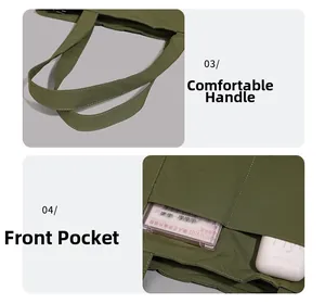 Détail du sac en toile vert olive montrant la poignée renforcée et la poche avant pratique