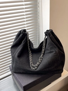 Women Large Capacity Denim Tote Bag Casual Chain Shoulder Bag Pleated Hobo Bag Fashion Shopping Bag For Daily Commuting