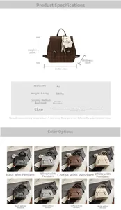 Detail view of stylish checkered PU leather backpack with bear charm and dimensions