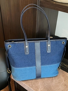 Women Large Capacity Denim Patchwork Tote Bag Casual Commuter Shoulder Bag With Synthetic Leather Contrast Stitched Design