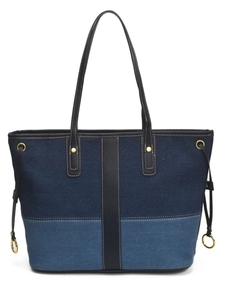 Denim tote bag with blue patchwork design and black leather straps for daily commute