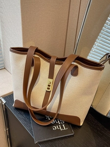 Women Large Canvas Splicing Tote Bag Vintage Urban Commute Shoulder Bag With Leather Trim Metal Buckle Fashion Handbag