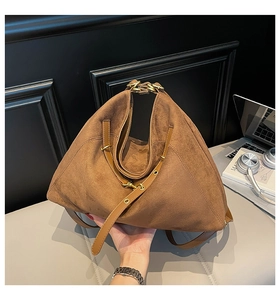 Brown matte large capacity handbag with adjustable strap and gold metal chain handle