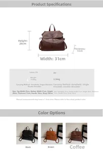 Infographic showing vintage PU leather backpack dimensions, features and color options