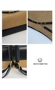 Detail of khaki suede and black leather stitching with gold metal buckles and fine seams
