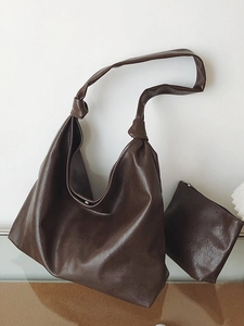 Large capacity dark brown PU leather tote bag with a small matching zipper pouch