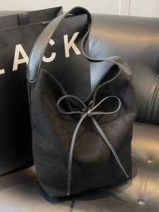 Women Vintage Large Capacity PU Shoulder Bag Casual Tote Bucket Bag With Bow Decor Solid Color Commuting Handbag