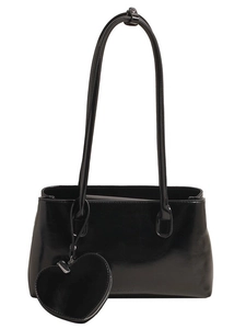 Black glossy oil wax leather shoulder bag with matching heart coin purse and thin straps