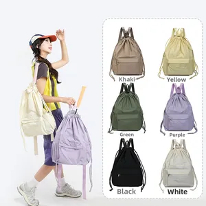 Detailed grid of lightweight drawstring backpacks in khaki, yellow, green, purple, and black