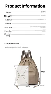 Size comparison of khaki nylon drawstring backpack with A4 paper and tablet device