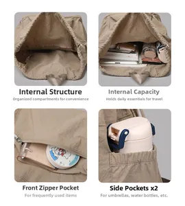 Detail showing the internal storage structure and side pockets of the khaki backpack