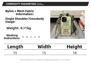 Size chart showing nylon crossbody bucket bag dimensions 15x15x18cm and 0.11kg weight