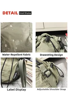 Detail view of water-repellent nylon bucket bag with drawstring closure and mesh pocket