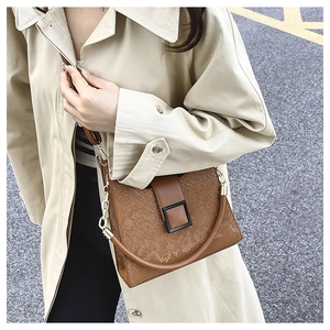 Close-up of brown embossed leather bag with square buckle on street style model