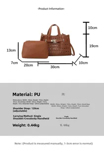 Size chart for large hollow tote and small pouch set with detailed PU material dimensions