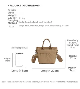 Size chart showing lightweight canvas crossbody bag dimensions 22x17x7cm with strap details