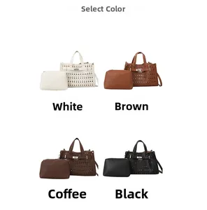 Hollow out tote bag set with inner pouch shown in white brown coffee and black colors