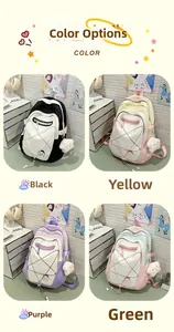 Detail showing canvas backpack in black, yellow, purple and green with plush charms