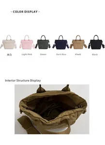 Detail showing colorful nylon crossbody bags and large capacity internal storage