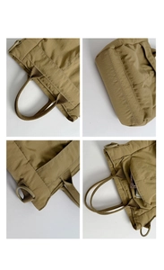 Detailed views of khaki nylon crossbody bag featuring sturdy handles and side pocket storage