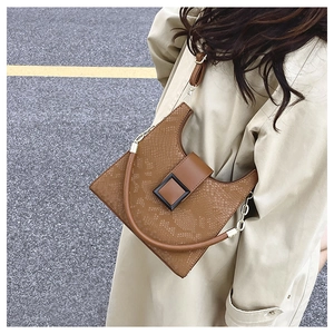 Detail of brown animal texture shoulder bag with stylish square metal buckle accent