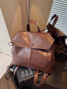 British Vintage PU Leather Backpack For Women Fashion Large Capacity Travel School Bag Solid Color Drawstring Flap Rucksack