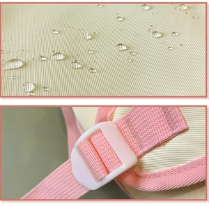 Macro detail of waterproof beige fabric with water drops and pink shoulder strap stitching