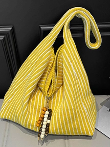 Damen Große Kapazität Gestrickt Gestreift Tote Bag Lazy Style Herbst Winter Schultertasche Einkaufstasche Mit Holzperlen-Anhänger