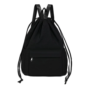 Lightweight black nylon drawstring backpack for travel and school with large capacity