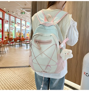 Close-up of pastel macaron-colored backpack with cute embroidery and plush star charm