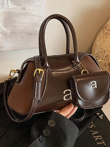 Women Retro PU Frosted Leather Boston Pillow Bag With Mini Coin Purse Contrast Stitching Crossbody Shoulder Handbag Set