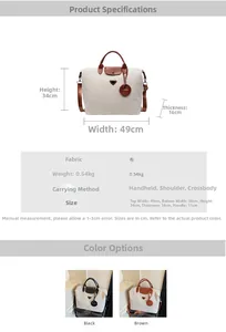 Detailed size chart showing dimensions 49x34x16cm for the large canvas tote travel bag