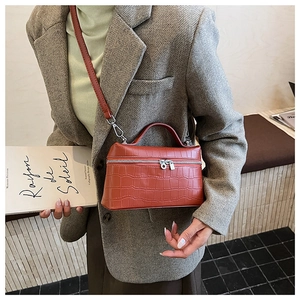 Detail view of brick red crocodile texture box bag with vintage metal zipper and strap