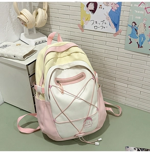 Detail of multi-compartment canvas backpack with bungee cords and pastel color blocking