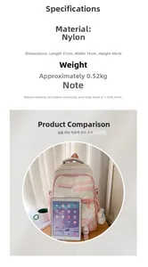 Size chart and macro view of pink nylon school backpack with ribbon and lace detail