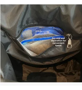 Detail view of large tote bag interior featuring dry/wet separation waterproof pocket