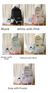 Five school backpacks in various pastel colors with teddy bear charms and lace details