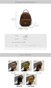 Detailed size chart and multi-color options for mini quilted velvet backpack