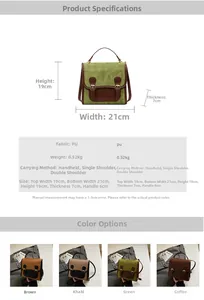 Detailed dimension chart and multi-color display of retro contrast messenger bags