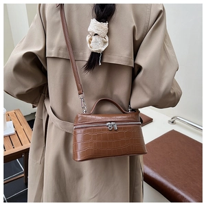 Brown faux crocodile leather box bag with silver hardware and detachable strap