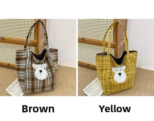 Detailed comparison of brown and yellow plaid tote bags with cute puppy embroidery patches