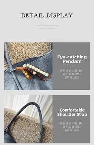 Detail of blue denim tote bag featuring decorative colorful wooden beads and wide strap
