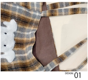Detail of plaid tote bag featuring fuzzy checkered fabric and a cute puppy plush patch