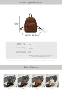 Dettaglio dello zaino in pelle PU intrecciata con dimensioni e targhetta logo in metallo