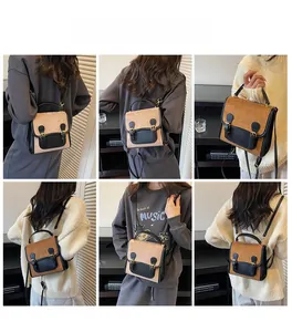 Detailed views of a vintage color-block backpack with frosted texture and retro buckles