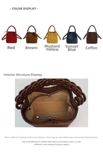 Detail view of suede bucket bag showing spacious interior and woven chain handle