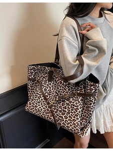 Large leopard print suede tote bag with brown leather straps for autumn winter daily use