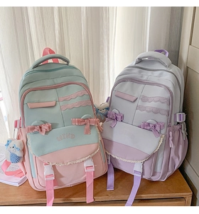 Detail of preppy student backpacks with lace ruffles, bow knots, and a cute bear charm