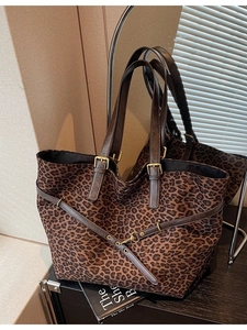 Large leopard print faux suede tote bag with brown adjustable straps for women